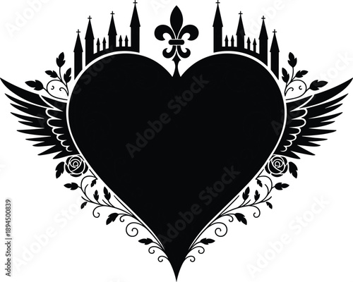 Gothic heart illustration, black wings, floral vines, fantasy tattoo design, romantic gothic art, fleur-de-lis, castle spires, symmetrical composition