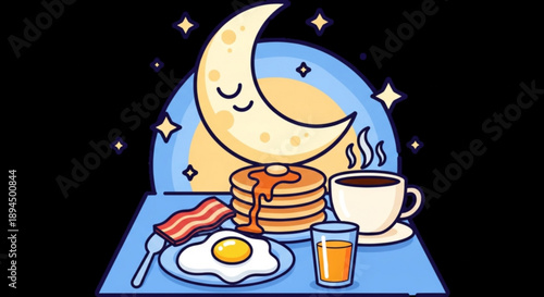 Smiling crescent moon serves breakfast pancakes bacon egg coffee midnight snack