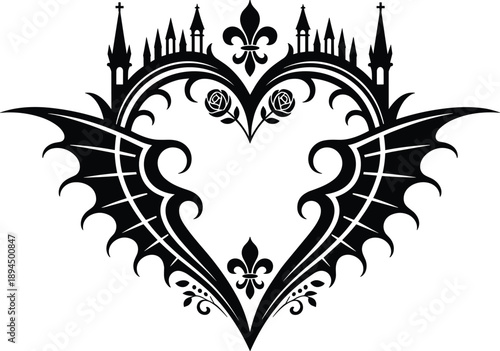 Gothic heart tattoo, bat wings, rose design, fleur-de-lis symbols, cathedral spires, fantasy emblem, symmetrical gothic art, romantic illustration