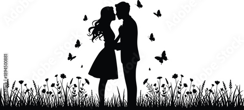 Romantic couple silhouette, butterfly field, wildflowers, love embrace, black and white art, emotional moment, nature scene, valentine illustration