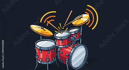 Red drum set with cymbals and sound waves on black background