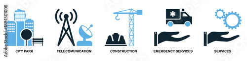 Set of infrastructure icon vector for city planning. Ideal for building symbols, road networks, public utilities, urban development, and engineering maps.	
