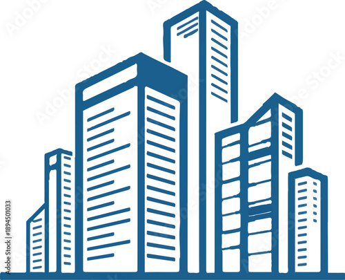 Urban Silhouette: A modern, minimalist illustration of a cityscape, featuring various architectural structures against a clear sky. 