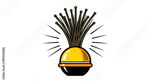 Stylized illustration of a fiber optic lamp with a yellow and black base, isolated on a white background, emitting dynamic light beams