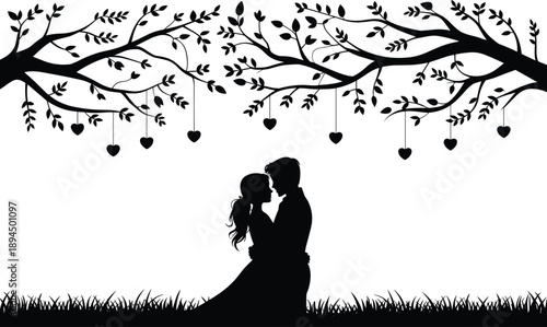 Romantic couple silhouette, heart tree branches, love embrace, black and white art, emotional moment, valentine illustration, grassy field, serene pose