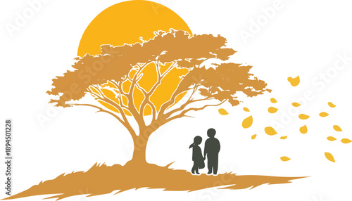 Warm Embrace Under the Sunlight: Two silhouettes, hand in hand, stand beneath a majestic tree, its branches reaching towards a radiant sun, whispering tales of shared moments and enduring affection.