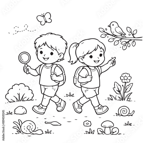 A minimalist vector illustration of two cute children, a boy and a girl, exploring nature with backpacks and magnifying glasses, expressing curiosity, wonder, and playful discovery.
