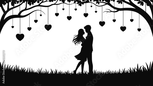 Romantic couple silhouette, tree with hearts, love embrace, black and white art, emotional moment, grassy field, valentine illustration