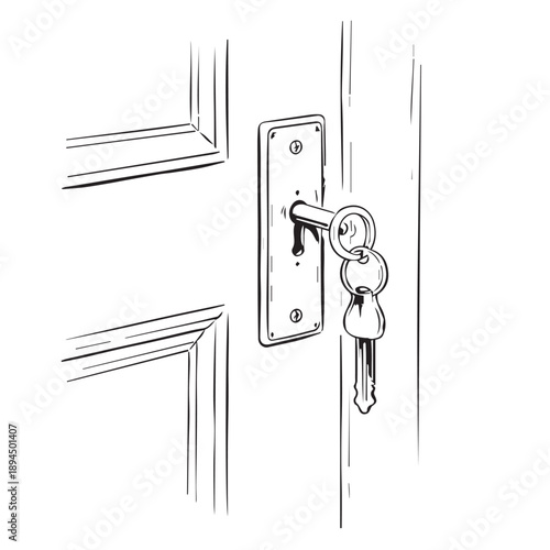 This vintage vector shows a traditional key suspended in a door keyhole, highlighting aged textures, elegant curves, and a mysterious atmosphere that evokes history and classic storytelling.