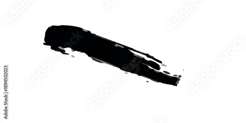 Isolated macro closeup of a black ink pen and black and white paint brush arranged like a natural larva or caterpillar on a fresh white surface