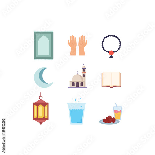 Ramadan Icons Vector Illustration Flat Design Prayer Islam Symbols Mosque Dates