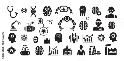 Artificial intelligence and robotics icons set black solid symbols for advanced machine learning