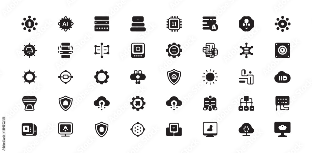 Fototapeta premium Technology and computer icons including server chip cloud security and data symbols