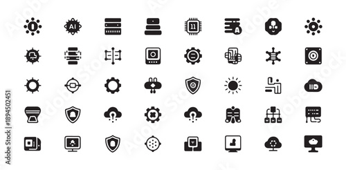 Technology and computer icons including server chip cloud security and data symbols