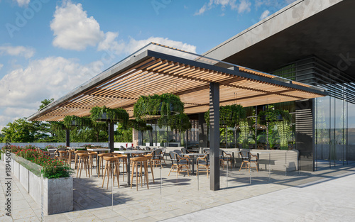 Pergola de restaurante con mesas y vegetación en un dia soleado. 3d render