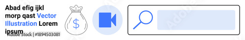Finance, online content, digital search, media, business tools, virtual transactions. A money bag, video icon and search bar. Finance and online content visualization concept