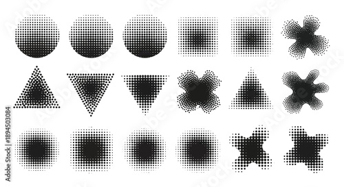 Collection of modern halftone design elements in various shapes