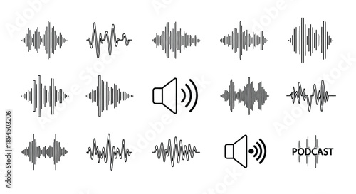 Sound wave patterns and speaker icons for audio and podcast use