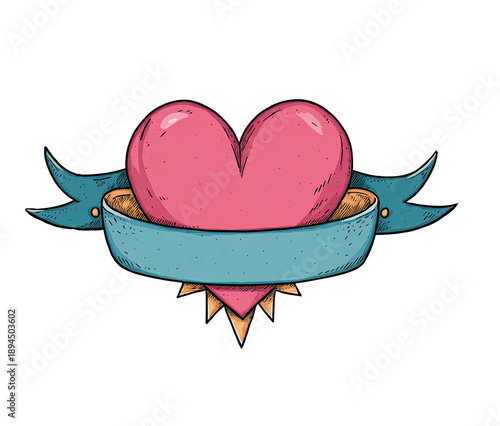 Heart graphic with a light blue ribbon, detailed linework, on a black background