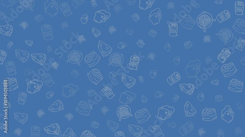Many faint food outline drawings on a blue background for culinary projects and foodrelated designs. Perfect for menus and recipes.