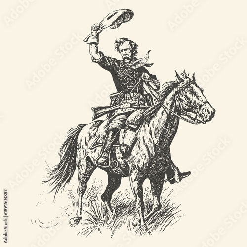 Victorious Cavalry Soldier on Horseback, Raising Hat in Triumph, Black and White Vintage Illustration
