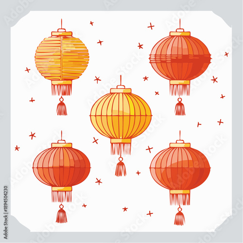 Vibrant lanterns and stars illustration, cultural festival celebration, decorative elements, red and yellow hues, festive atmosphere