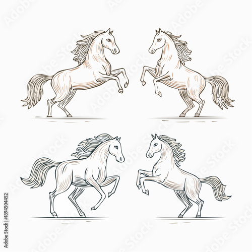 Four white horses in various dynamic poses, drawn in a minimalist style, showcasing flowing manes and tails from a side view.
