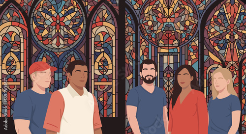 A serene moment captured as a man stands beside a vibrant stained glass window, perfect for spiritual or cultural content.