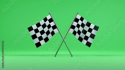 Crossed Checkered Flags Waving on Green Screen Finish Line Concept