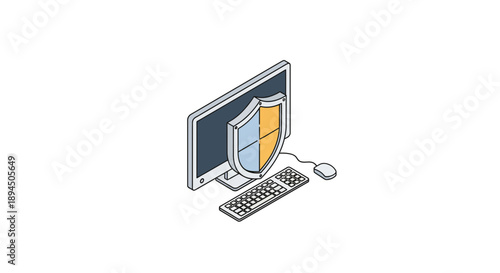 Computer security concept with shield protecting the monitor from threats and attacks.