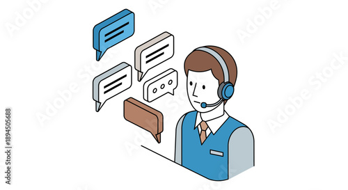 Customer service representative wearing a headset and communicating with clients.