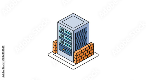 Isometric illustration of a server rack protected by a brick wall security concept.