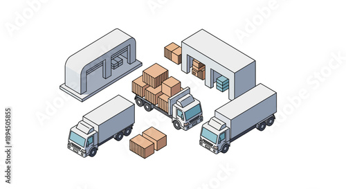 Isometric view of trucks and warehouses transporting goods logistics and delivery concept.