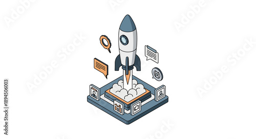 Rocket launch symbolizing business growth and technological advancement in the digital age.