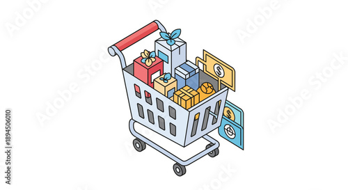 Shopping cart overflowing with gifts money and a lock representing purchases and security.