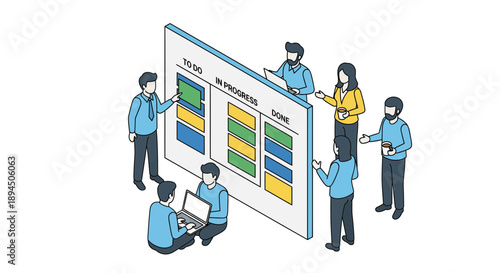 Team members collaborating on a project using a Kanban board for task management.