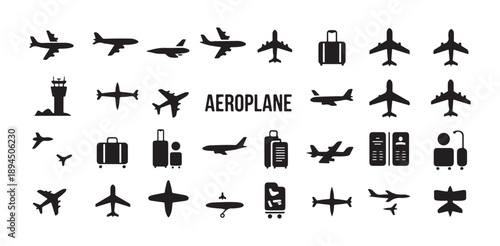 Aeroplane and travel icons depicting aircrafts airport transportation and luggage for journeys