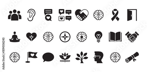 Mind and wellness icons showing mental health brain growth mindfulness and personal development