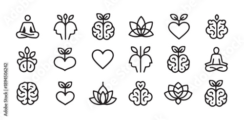 Set of yoga meditation psychology wellness and mental health thin line icons brain heart lotus flower
