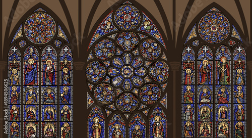 Vibrant stained glass panels depict religious figures, evoking spirituality and reverence; ideal for cultural and religious content.