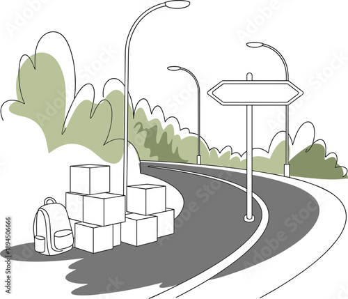 Minimalist line art illustration of cardboard boxes and backpack by a winding road with signpost