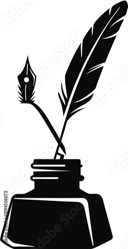 Vintage quill pen and inkwell illustration graphic, symbol of writing and literature, isolated on white background.