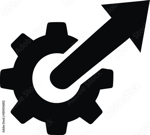 Business process optimization icon with industrial cog and rising trend arrow symbolizing technological advancement success 