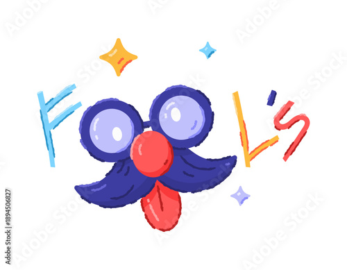 Happy April Fool's Day concept. Illustration of the word fools with a stupid or funny clown face. Surprises and jokes. Large blue glasses, a red nose, and a blue mustache. Elements, objects, clip art,