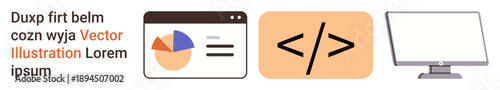 Web development, programming, data analysis, coding, digital tools, and screen interface. Visual of pie chart, coding symbol and computer. Web development and programming