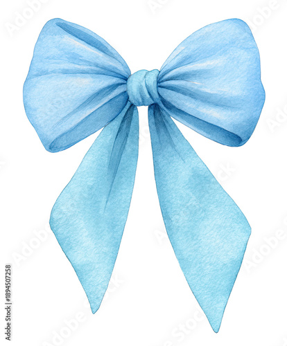 Soft, hand-painted watercolor illustration of a beautiful, light blue ribbon bow
