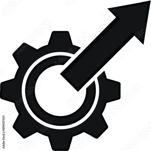 Business process optimization icon with industrial cog and rising trend arrow symbolizing technological advancement success 