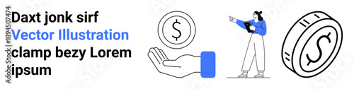 Coin with dollar sign, hand offering money, and a person holding documents. Ideal for finance, investment, savings, economy, business strategy, e-commerce simple landing page