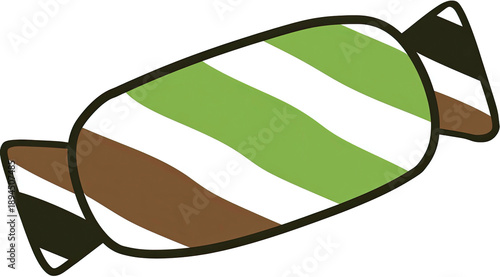 A wrapped confection of vibrant green and white stripes, in a brown and dark green casing