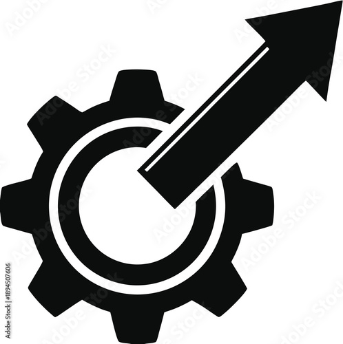 Business process optimization icon with industrial cog and rising trend arrow symbolizing technological advancement success 